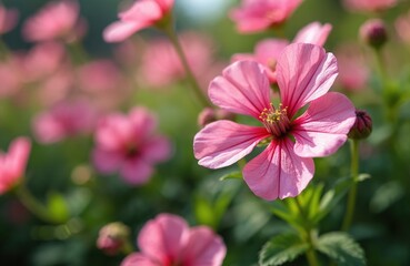 Fototapeta premium Delicate pink Geranium x cantabrigiense Biokovo flowers bloom in garden during sunny summer day. Focus on vibrant petals, green leaves, soft background. Floral beauty, nature outdoors.