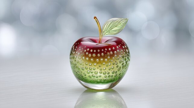 A crystal apple, green and red glass with yellow inside, transparent texture, high-definition photography, glass sculpture-style, cute cartoon design, fruit still life
