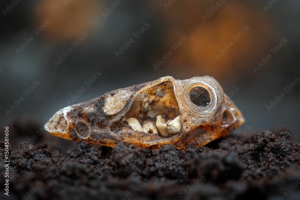 Poster delicate skull of a small creature rests on dark soil, showcasing intricate details and bone structu