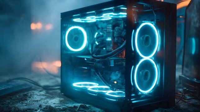 Blue Neon modern gaming desktop PC with transparent case showcasing high-performance components and sleek design.