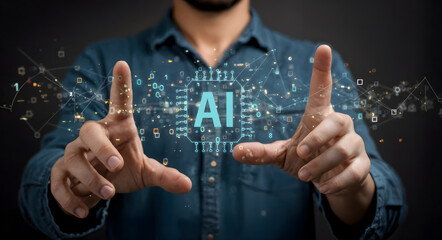 Man interacting with AI interface and digital data visualization
