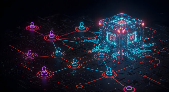 AI agent orchestration network with glowing digital data cube