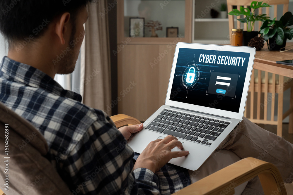 Poster cyber security system on computer screen protect private information snugly from hacker and cyber at