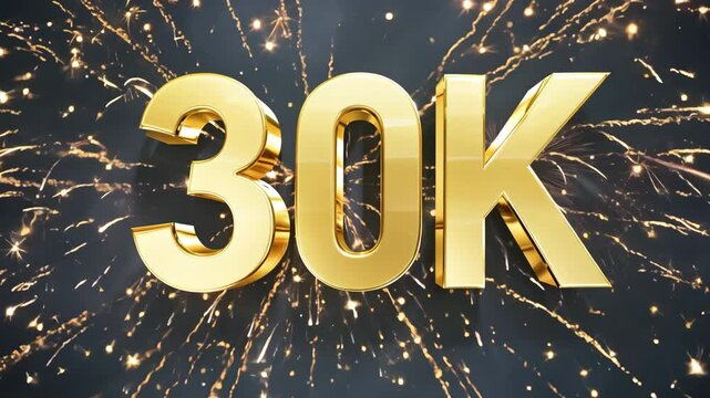 Golden 30k sign exploding with sparks on dark background