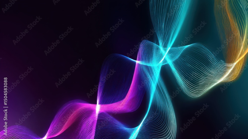 Poster abstract music background colorful pulsating sound waves dark background bright neon shades dynamic 