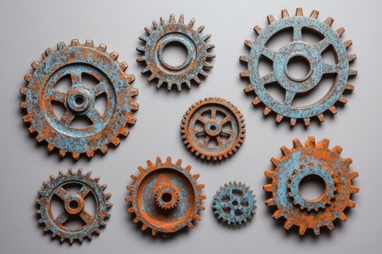 A collection of rustic, blue and orange-toned gears, arranged artfully on a neutral gray background, exhibiting textures of weathered metal and industrial charm.