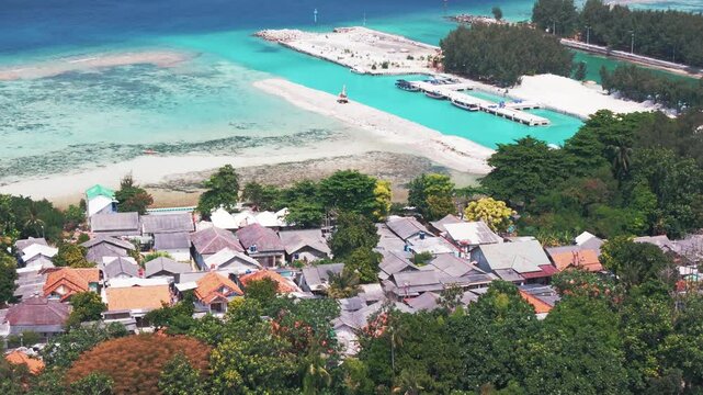Aerial shot of Thousand Island, Indonesia Island of Pularu Pari