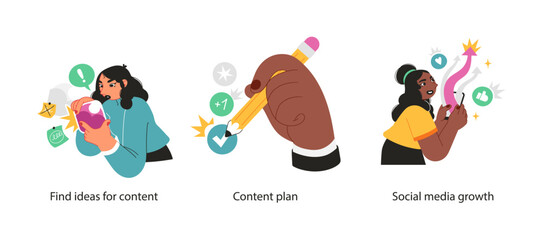 Illustration showcasing content brainstorming, strategic planning, and social media audience growth using digital platforms and tools.