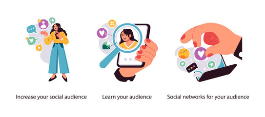 Illustration focused on social media marketing strategies to increase followers, study audience behavior, and optimize network engagement.