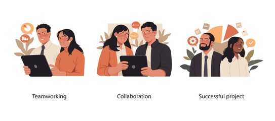 Illustration set showing team collaboration in action, from cooperative teamwork and digital communication to achieving a successful business project.