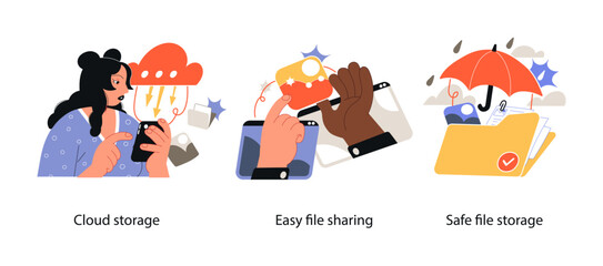 Illustration showing cloud storage, safe digital file keeping, and simple file sharing between devices for secure access and transfer.