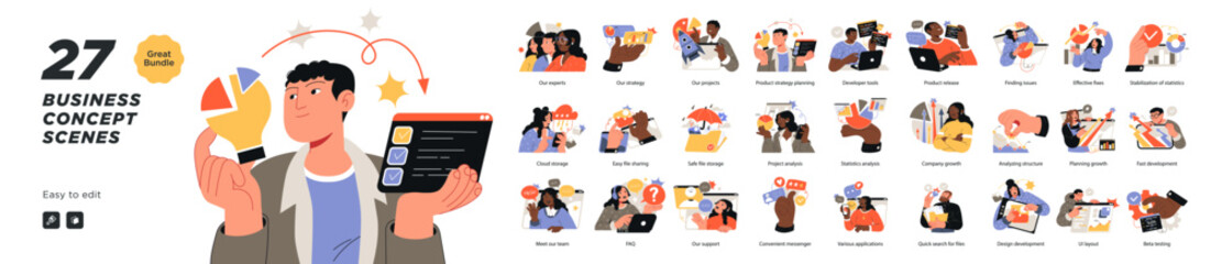 Plakat Colorful collection of 27 business concept illustrations, including project planning, analysis, development, support, and growth strategies.