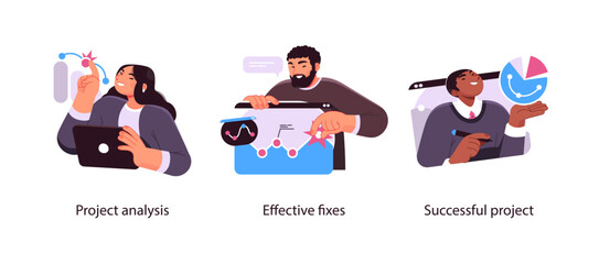 Naklejka premium Illustration showing the stages of analyzing a project, applying effective fixes, and achieving successful project outcomes with growth metrics.