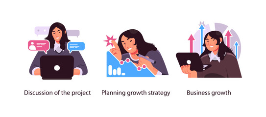 Illustrations of a woman working on project discussion, growth strategy planning, and achieving business progress using digital tools.