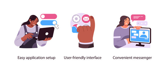 Illustration showing easy application configuration, user-friendly interface buttons, and a person using a convenient messenger on a computer.