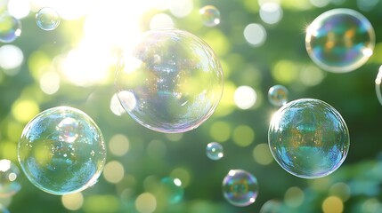 Close-up of floating soap bubbles glowing with sunlight with greenery. Lighthearted and refreshing visual for National Bubble Week celebrations
