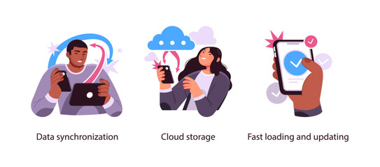 Illustration of mobile data synchronization, cloud storage access, and fast app updates using smartphones and cloud computing technology.