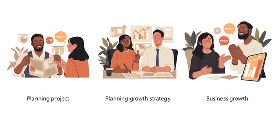 Illustration set showing professionals collaborating on project planning, growth strategy development, and celebrating successful business performance.