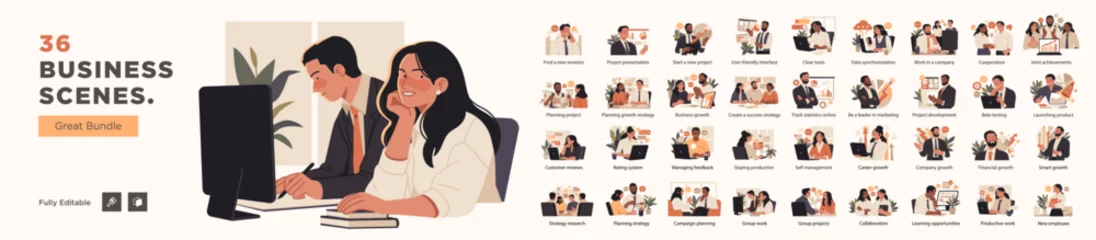 Fototapeten Editable vector bundle of 36 business scenes including teamwork, project planning, growth strategies, and professional collaboration for digital use. © stonepic