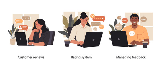 Illustration set showing professionals using laptops to read customer reviews, manage ratings, and handle client feedback in business environments.