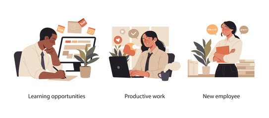 Illustration set showing business professionals engaged in learning new skills, performing productive work, and welcoming a new team member.