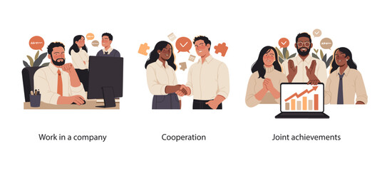 Illustration set showing office professionals working together, forming partnerships through cooperation, and celebrating shared achievements with growth charts.