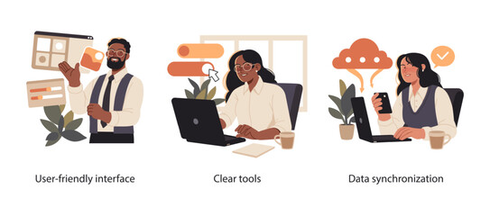 Illustration set showing a user-friendly interface, clear digital tools, and seamless cloud data synchronization across laptop and smartphone devices.