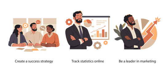 Illustration set featuring teamwork on strategy planning, monitoring statistics with charts, and leading growth in modern marketing efforts.