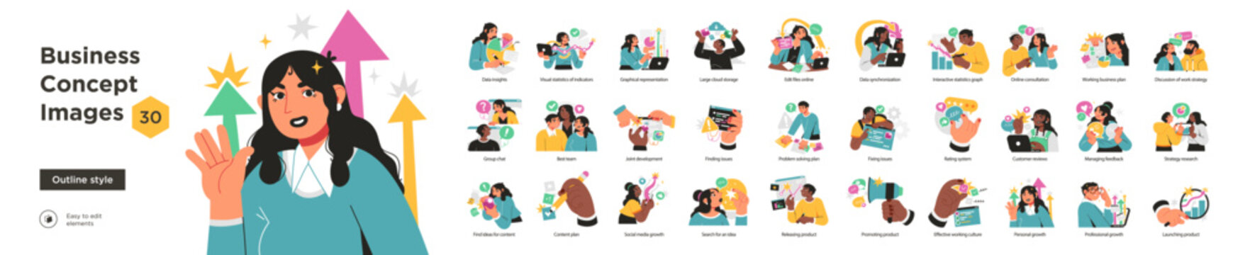 Vector set of 30 colorful business concept illustrations covering teamwork, analytics, growth, content, cloud, and customer support.
