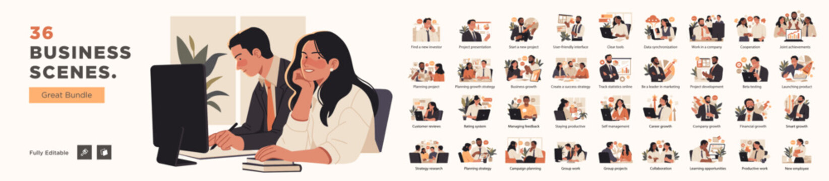 Editable vector bundle of 36 business scenes including teamwork, project planning, growth strategies, and professional collaboration for digital use.
