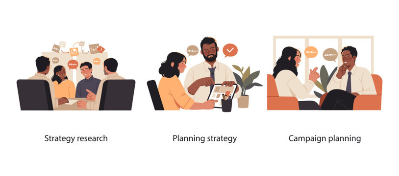 Illustration set showing office professionals working together, forming partnerships through cooperation, and celebrating shared achievements with growth charts.