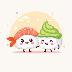 Fototapeta premium Kawaii Sushi and Wasabi Friends – Flat Vector