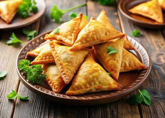 Delicious golden brown samosas on rustic wooden table