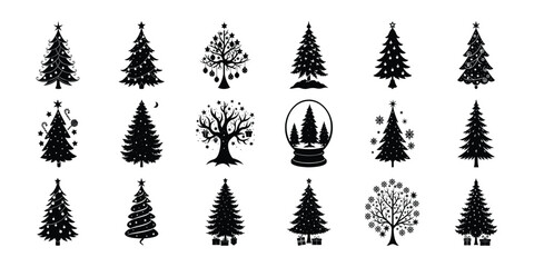 set of silhouettes of trees on white background