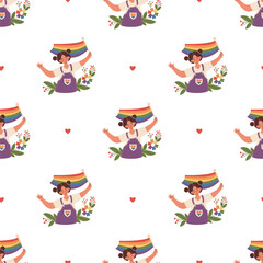 Seamless Pattern Happy LGBT Women Lesbian with Rainbow Pride Flag and colorful flowers on white background. LGBTQ community, Parade, support, acceptance. Holiday backdrop. Vector illustration