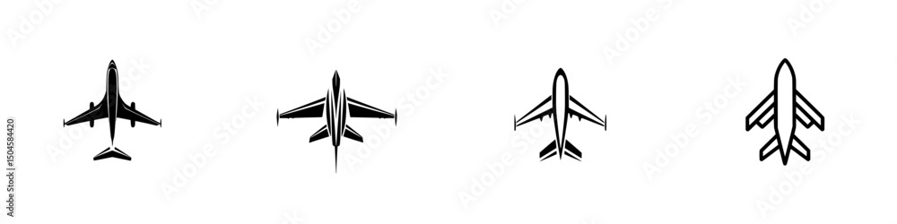 Poster vector illustration of four unique airplane icons depicting different styles and orientations for di