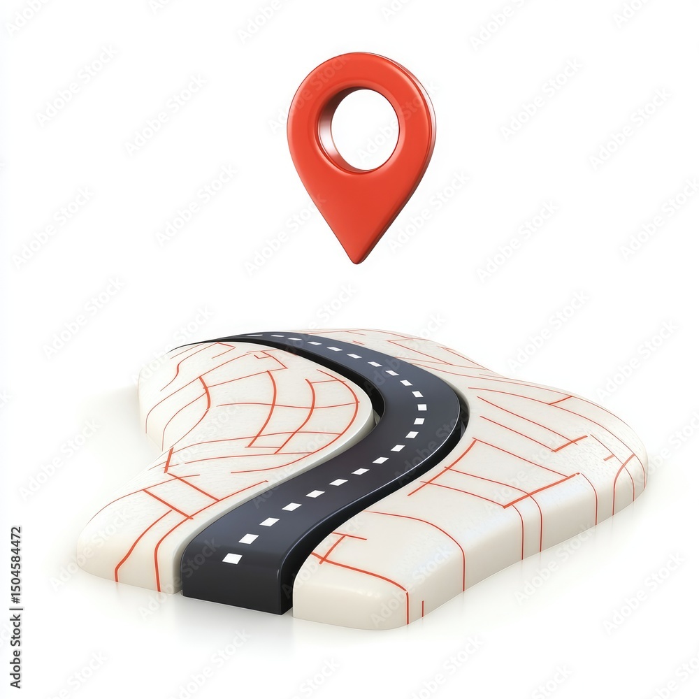 Poster 3d map showing a winding route and a location marker.