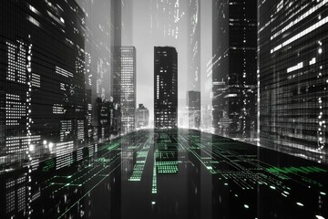 Futuristic cityscape with glowing digital pathways overlaid on a black and white city street.