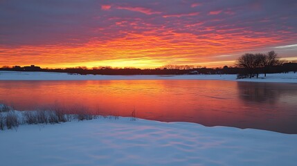 Fototapeta premium Fiery Winter Sunrise over Frozen Lake Landscape