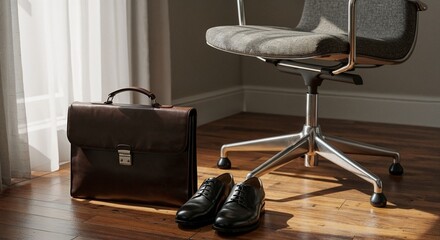 Briefcase on floor beside chair in modern office interior with sunlight  