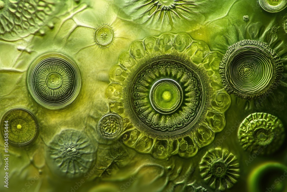 Poster microscopic view of intricate, green, circular phytoplankton, showcasing their complex structures an