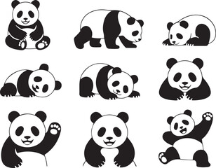 Obraz premium Nine adorable panda bear illustrations in various poses