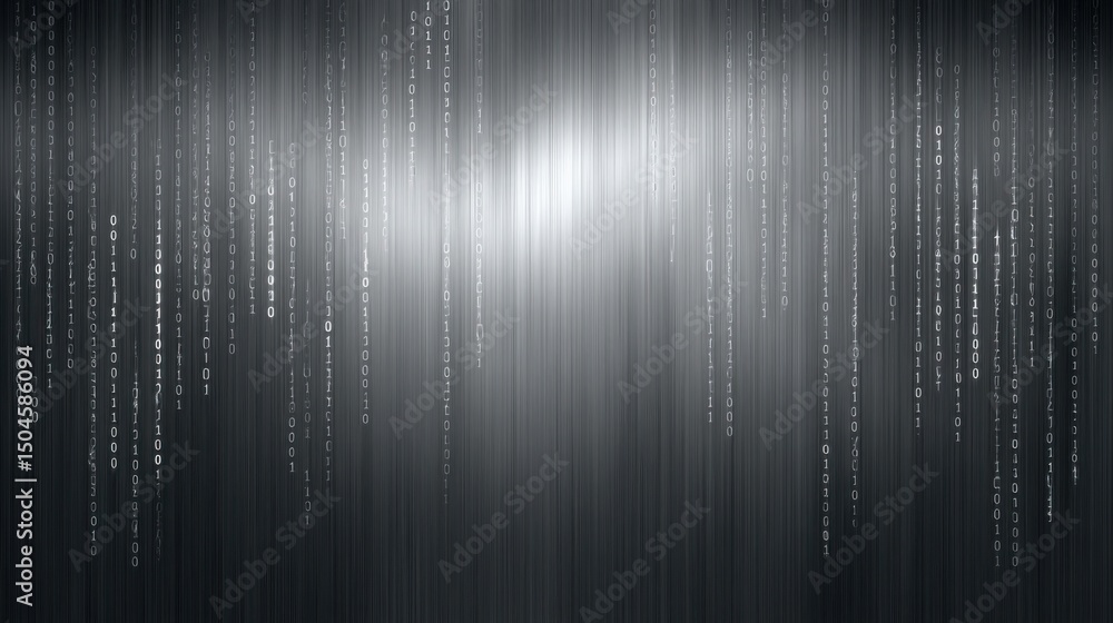 Poster brushed metal digital background with embossed binary code texture, silver and graphite tones, sleek