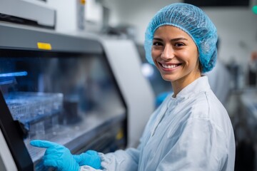 Smiling female scientist in lab coat operates advanced biotech equipment showcasing pharmaceutical research and development