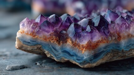 Obraz premium Close-up of Amethyst Crystal Geode with Intricate Patterns and Purple Hues, Perfectly Formed Crystals. 