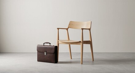 Fototapeta premium Briefcase on floor beside wooden chair in minimalist interior 