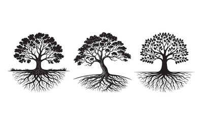 Naklejka premium Silhouette Vector Set of Trees with Deep Roots – Symbolic Nature Icons Representing Growth, Strength, and Stability
