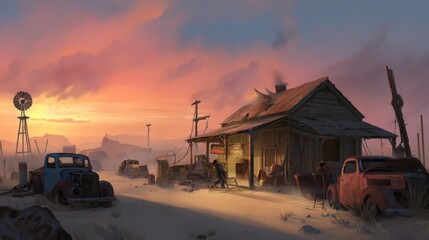 cinematic western desert garage, sun setting behind broken-down cars, wooden shack, dusty air