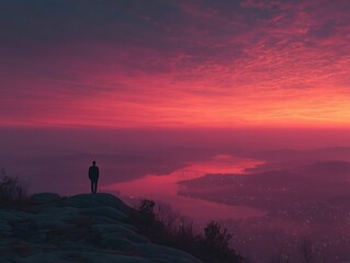 Obraz premium Man in Suit Standing on Mountain Top Overlooking Dawn City. Epic and Cinematic Scene Ideal for Inspirational Posters, Advertising Designs, Brand Promotions, and Artistic Creations. 