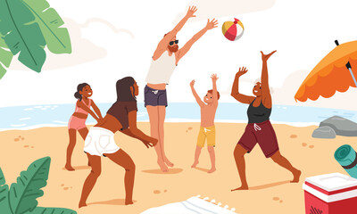 Happy family characters playing beach volleyball throwing ball to each other cartoon scene